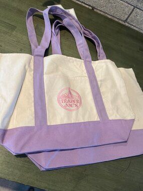Trader Joes Lavender & Natural Reusable Canvas Tote With Front Pocket
